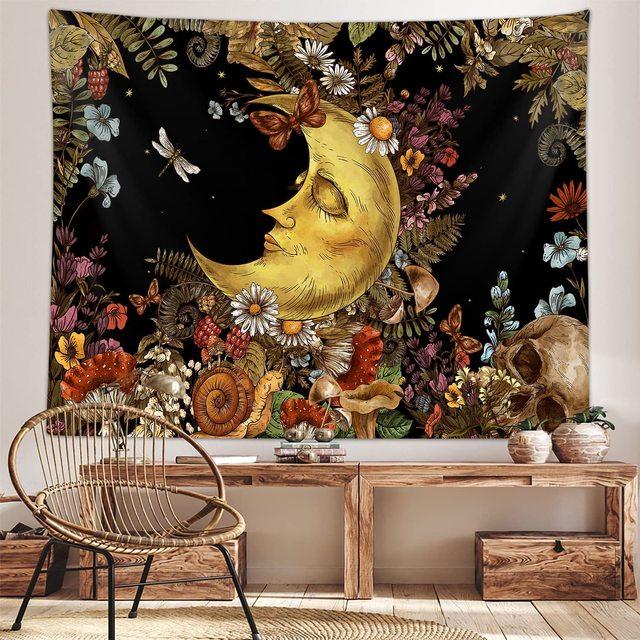 Burning Sun Tapestry Vintage Floral Psychedelic Mushroom Room Decor Aesthetic Plants And Leaves Tapestries Mystic Hippie Cloth