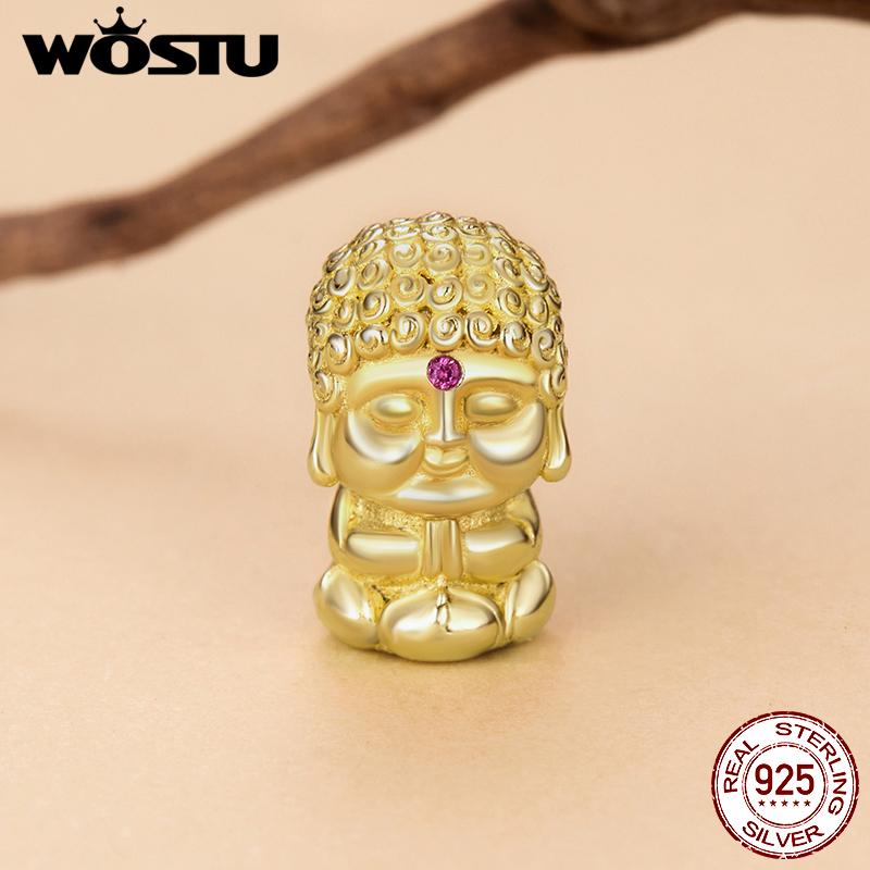 WOSTU 925 Sterling silver 18K gold Religious Golden Buddha Charm Vajra Pendant Swastika Stopper Bead Fit Leather Bracelet DIY