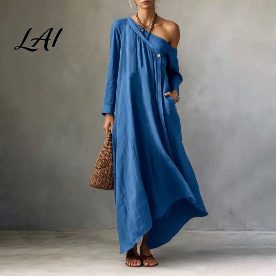 Beach Dress for Women Summer Maxi Women Casual Loose One Shoulder Long Retro Style Sleeve Dress Flowy Vacation Sundress wwith Pockets Mid-length