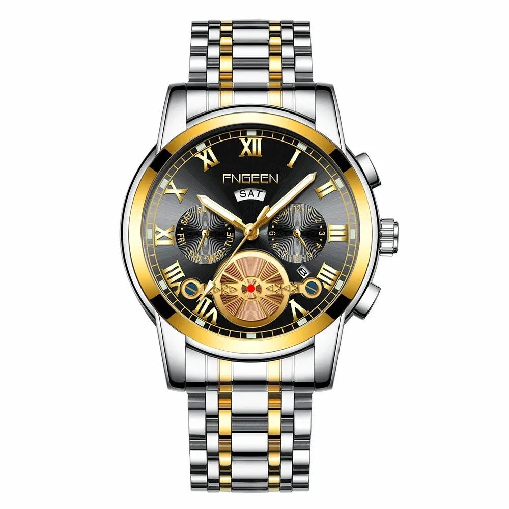 FNGEEN Men’s Watches Top Luxury Brand Fashion Quartz Men Watch Calendar Waterproof Gold Steel Business Wristwatch Reloj Hombre