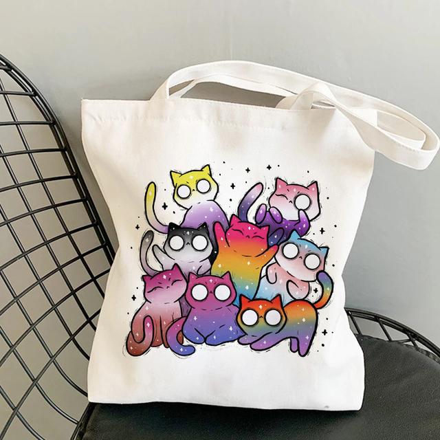 Cat Shopping Canvas Womens Bag Casual Large Capacity Shoulder Bags Reusable Shopper Tote Bags Fashion Harajuku Ulzzang Handbags