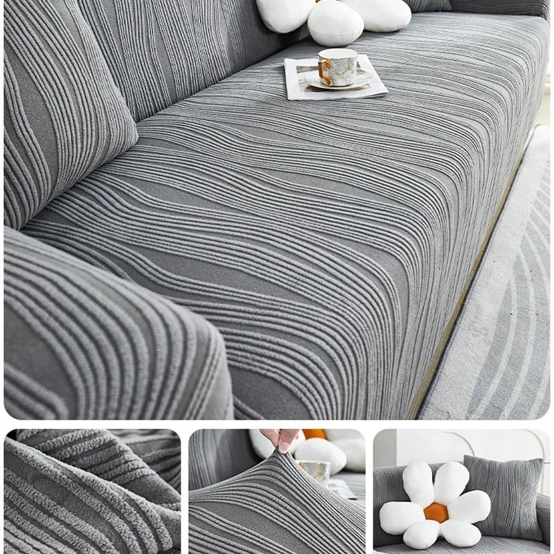 Эластичный чехол на диван жаккардовый в полоску однотонный все включено пылезащитный для гостиной плюшевый защита от царапин кошек