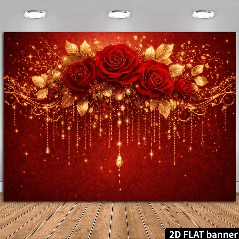 2D Luxury Red Rose and Gold Backdrop Photo Booth Background