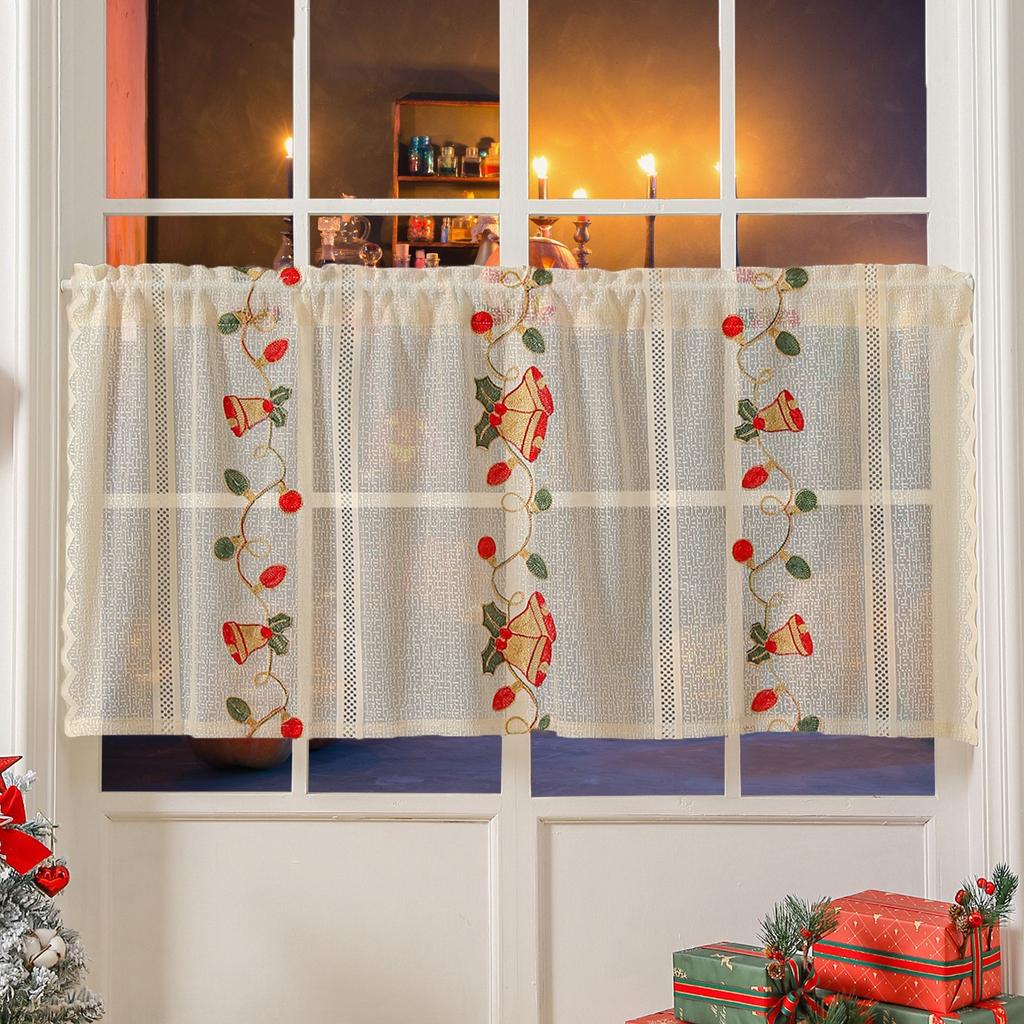 American Christmas Curtains Bell Embroidery Lace Living Room Kitchen Rectangle Landscaping Decorative Coffee Curtain