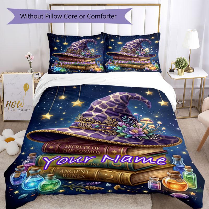 3PC Custom Name Witchcraft Spellbook Magic Bedding Set Duvet Cover Closure Includes 1 Duvet Cover & 2 Pillowcases for Bedroom