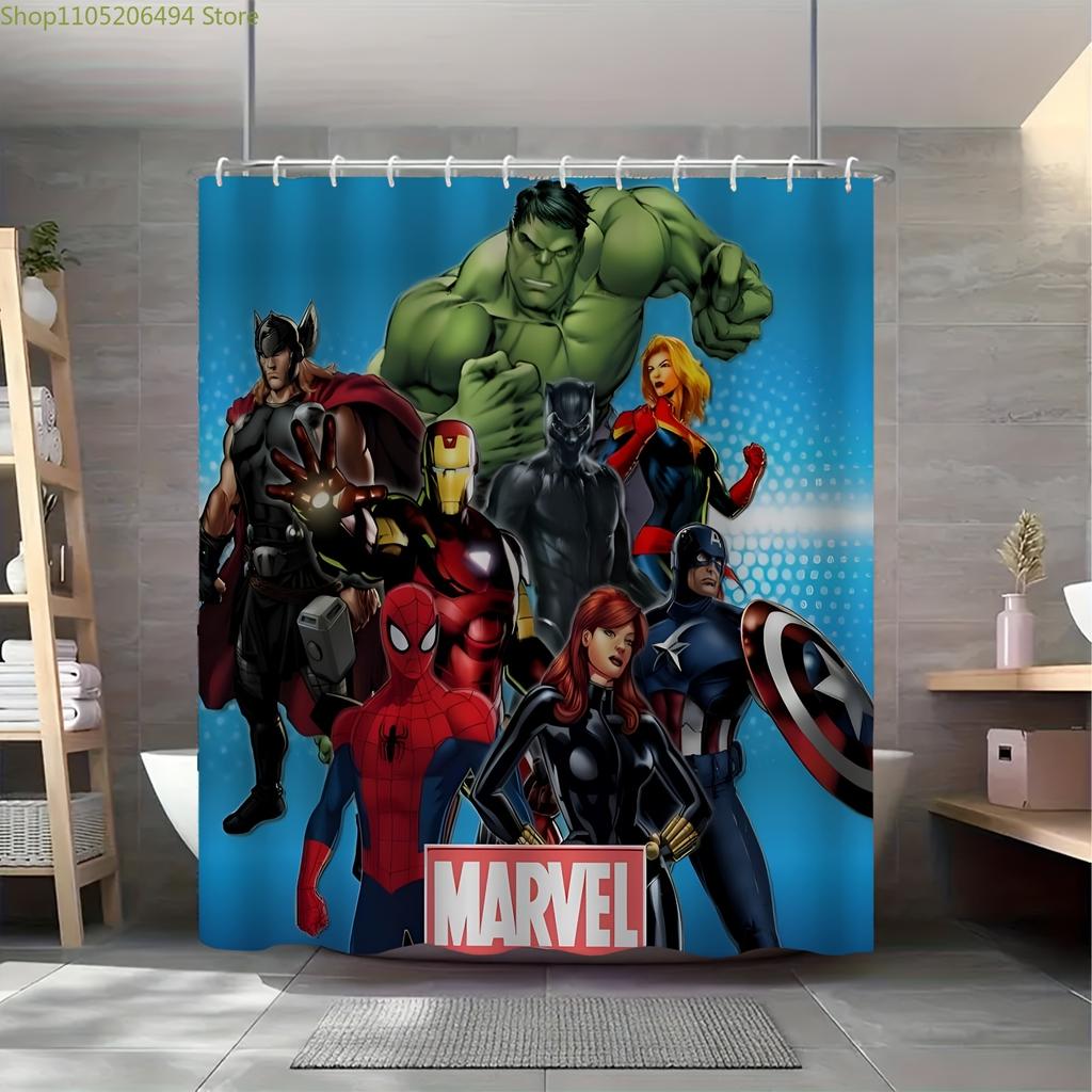 1 шт. Занавеска для душа Marvel с крючками - Яркий полиэстеровый дизайн, Машинная стирка, Без подкладки, Персонаж мультфильма Ванная комната