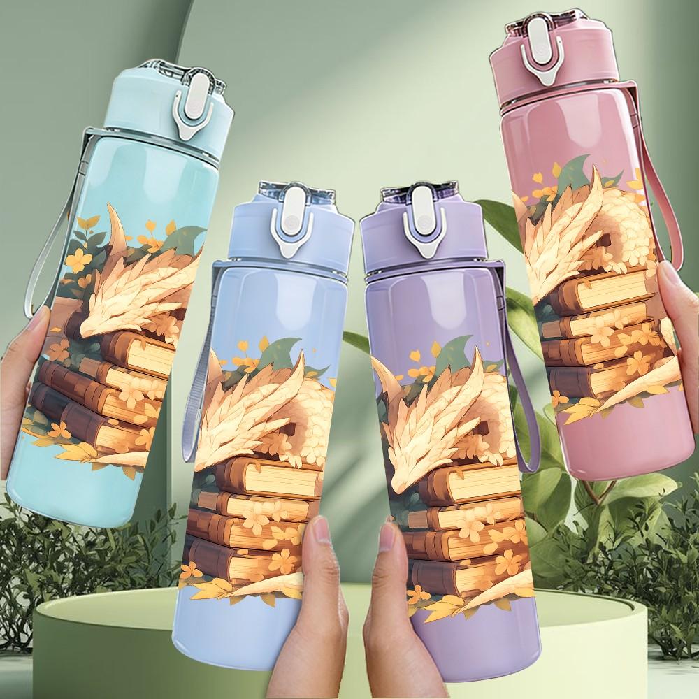 1PC Stacked Book Dragon 750ml Color Plastic Sports Water Bottle Leakproof Flip Straw Lid Suitable for Sports Office Home Use