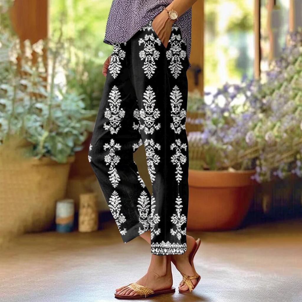 Женские модные повседневные брюки с цветочным принтом, прямые брюки с карманами и эластичной талией