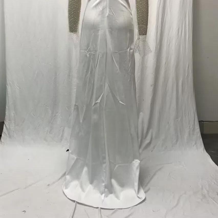 2025 Лето Осень Женское Прозрачное Сетчатое Свадебное Платье, Сексуальное Платье с V-образным вырезом и Длинными Рукавами с Высоким Разрезом, Белое Просвечивающее Свадебное Платье для Торжественных Мероприятий