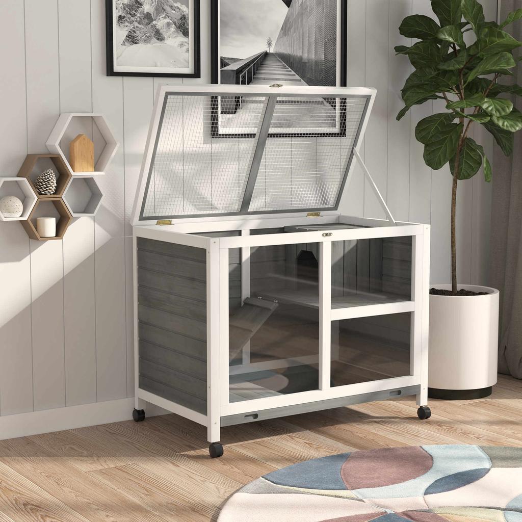 Small animal hutch with 2 levels, 4 wheels, sealed fir wood, grey