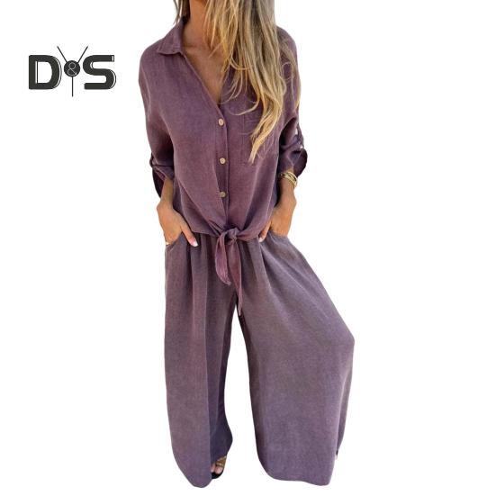 Women's Cotton-Linen Two Piece Outfit Long Sleeve Lapel Button Down Top Matching Wide Leg Pants Casual Loungewear Set