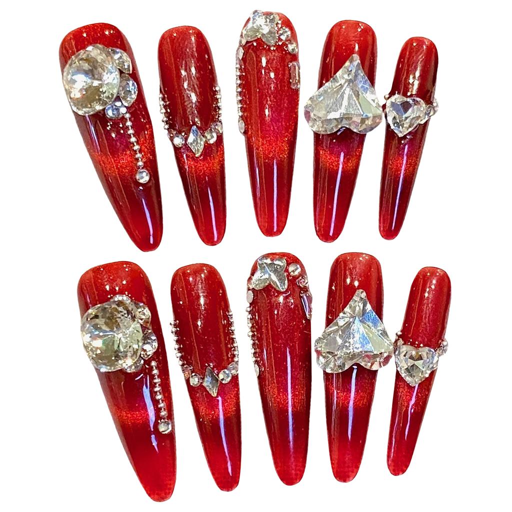 10Pcs Fine Pointed Red Tea Cat Eye Handmade False Nails For Women