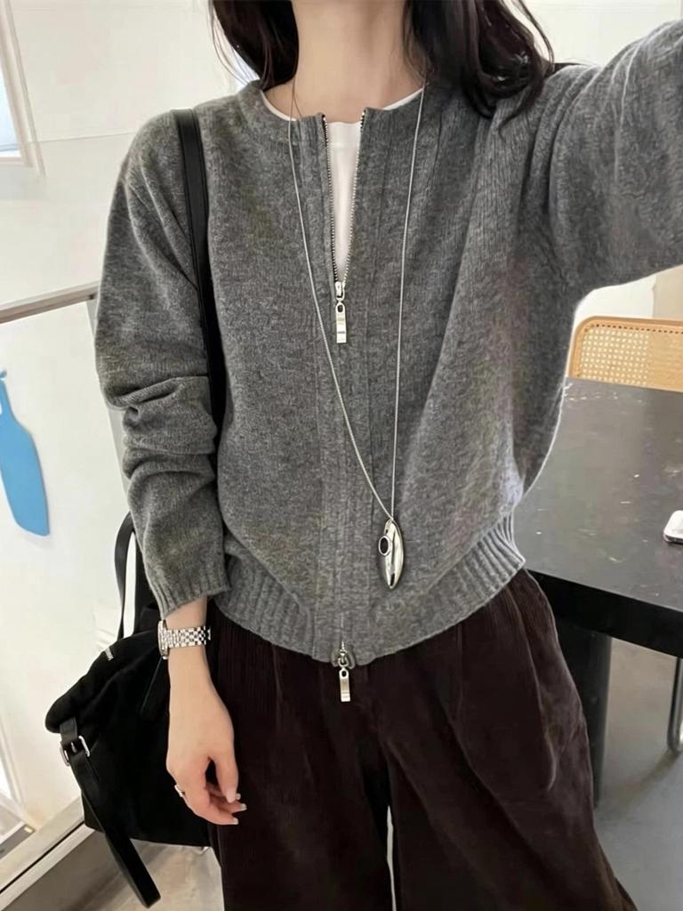 2026 Autumn/Winter Pure Wool Loose Long Sleeve Double Zipper Cardigan Sweater