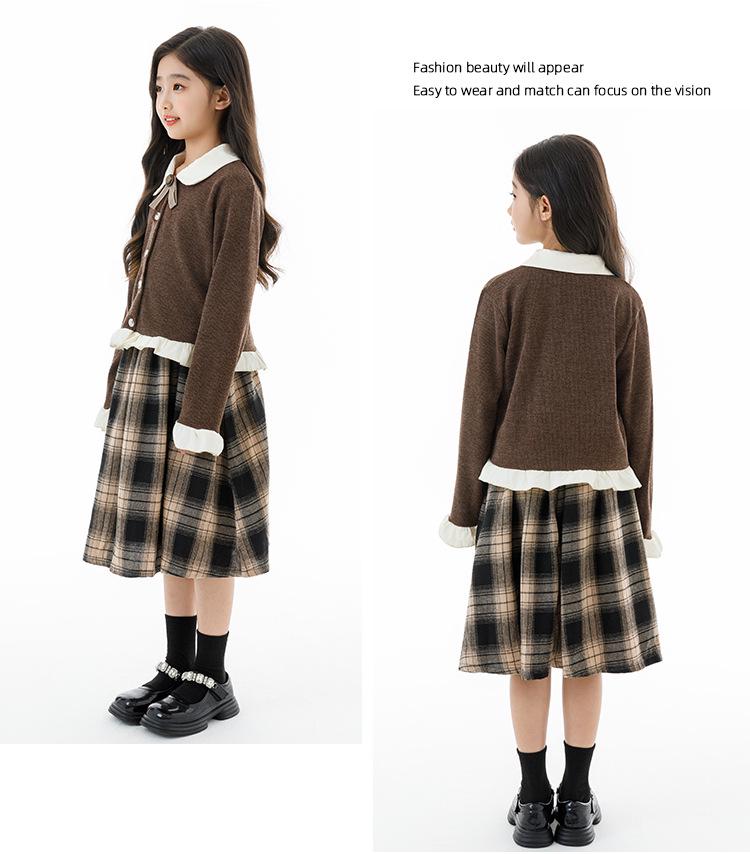 Комплект из двух предметов для девочек: осенняя клетчатая юбка и вязаный кардиган