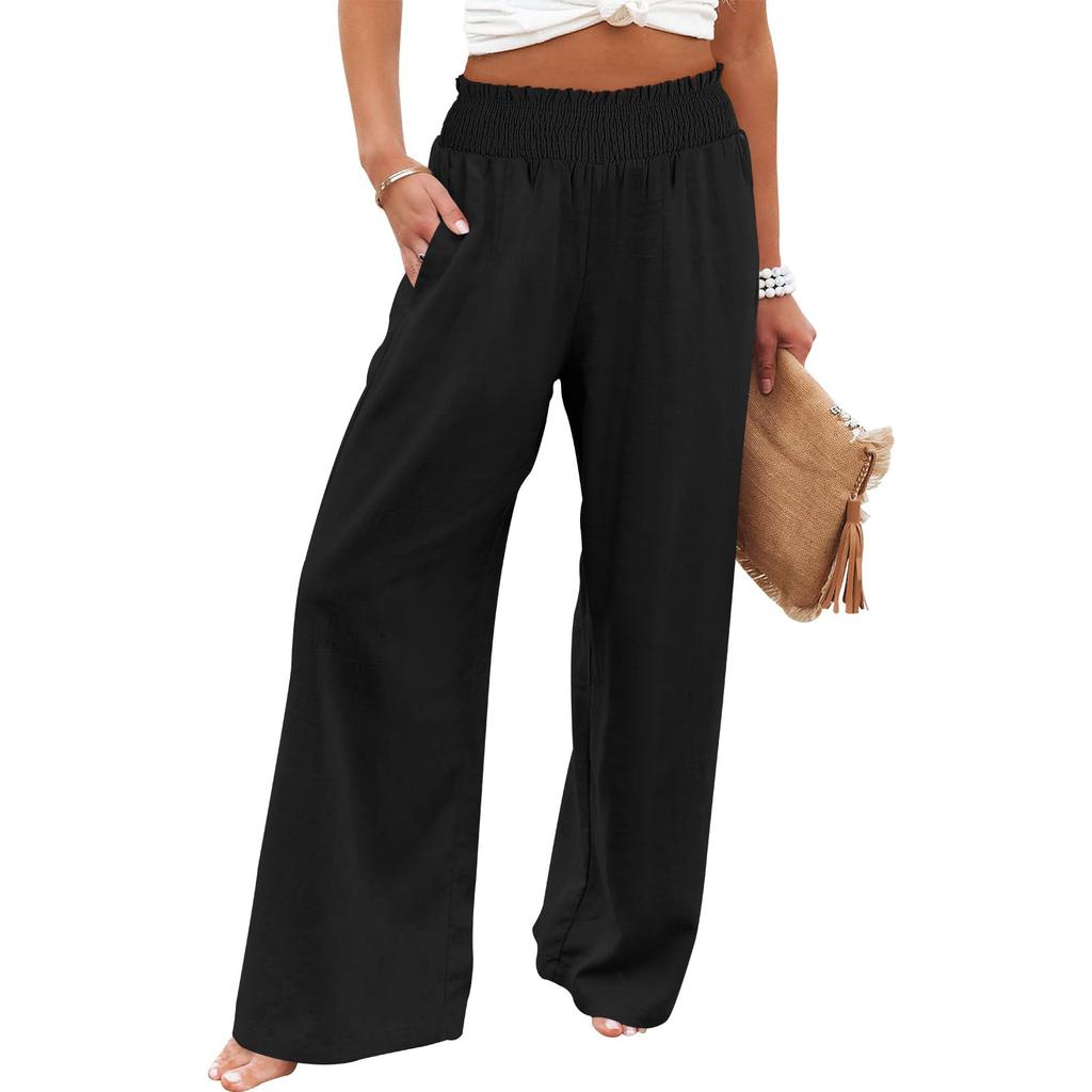Summer Cotton Linen Wide Leg Pants Women Loose Palazzo Pant Pocket Elastic Waist Casual Pants