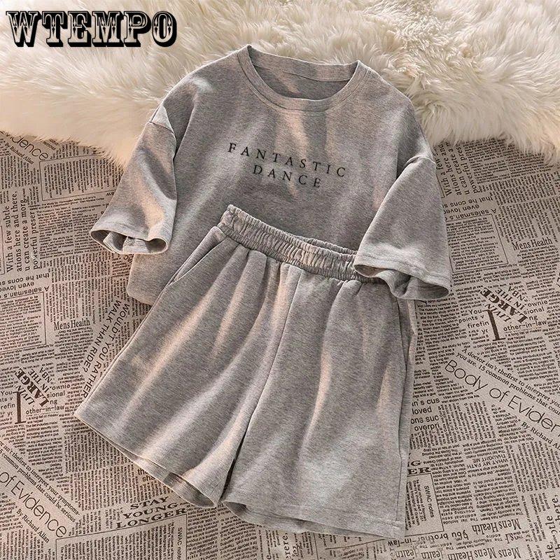 WTEMPO Комплект из 2 предметов, женские футболки и шорты с принтом алфавита, летние повседневные байкерские шорты с короткими рукавами и круглым вырезом для джоггеров