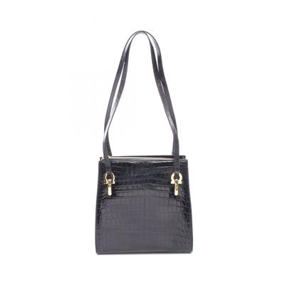 Used Gancini Crocodile Embossed Shoulder Bag Leather Black Used Women
