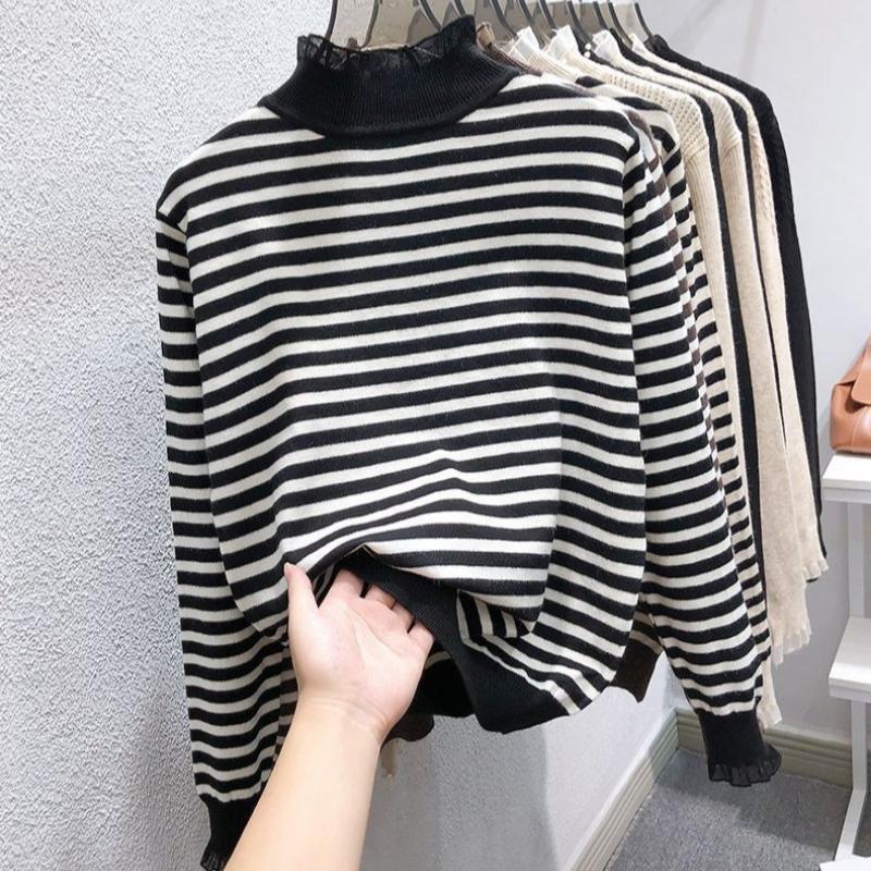 Модные облегающие свитера с высоким воротником и половинной длиной для женщин, осень-зима, полосатые, с длинным рукавом, вязаные топы, женские теплые джемперы 24873