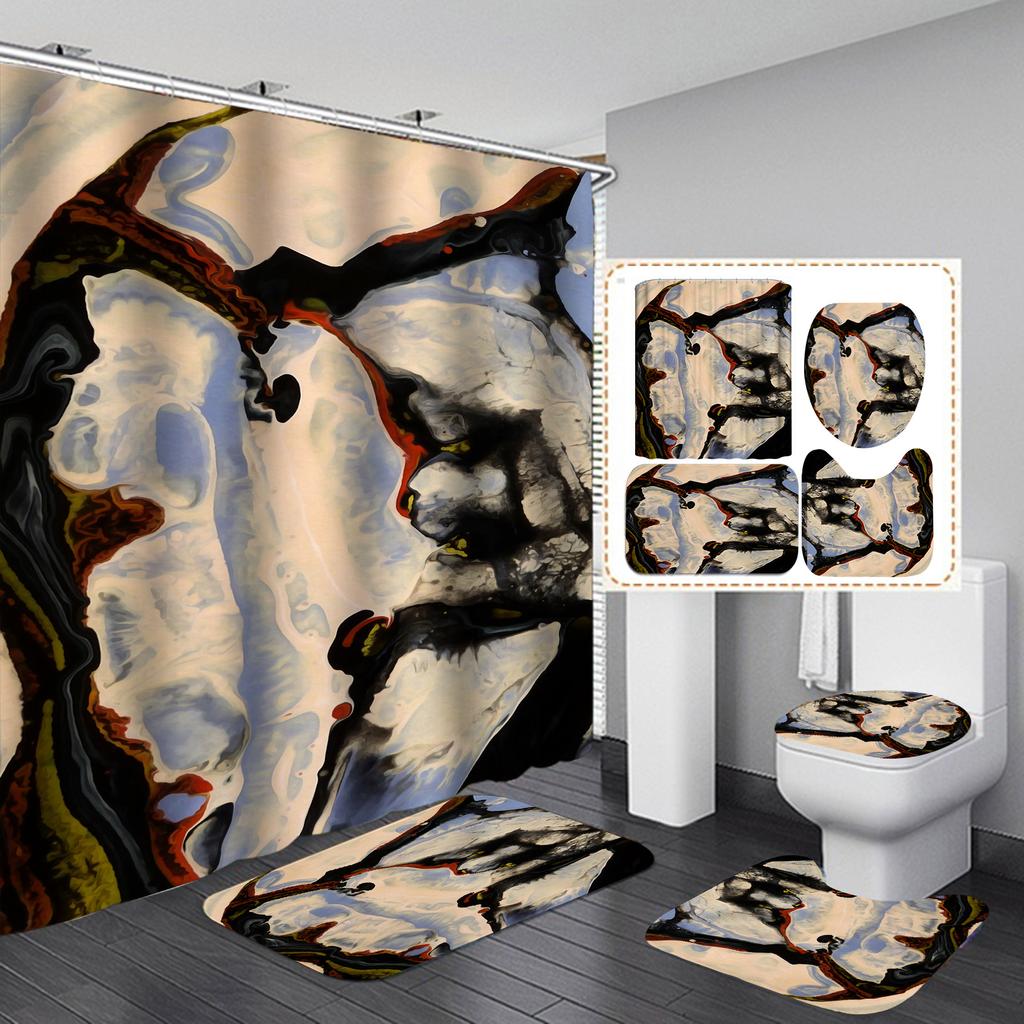 4Pcs Luxury Marble Shower Curtain Sets Bathroom Decor Sets with 12 Hooks Bath Mat Toilet Lid Rug and Non-Slip U Shape Mat