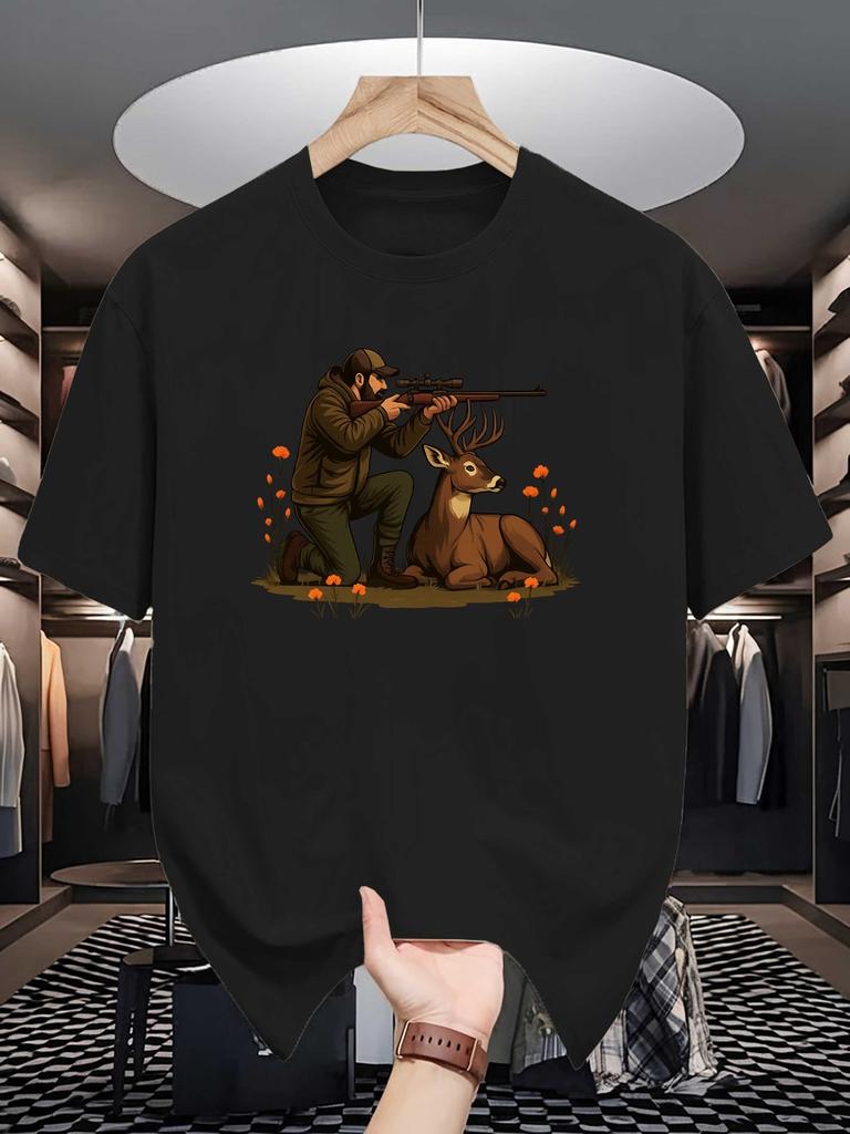 Unisex Soft Cotton Tee Hunter Deer Wildlife Outdoor Print Loose Breathable Summer Crew Neck Casual Street T Shirt Unisex Daily Wear