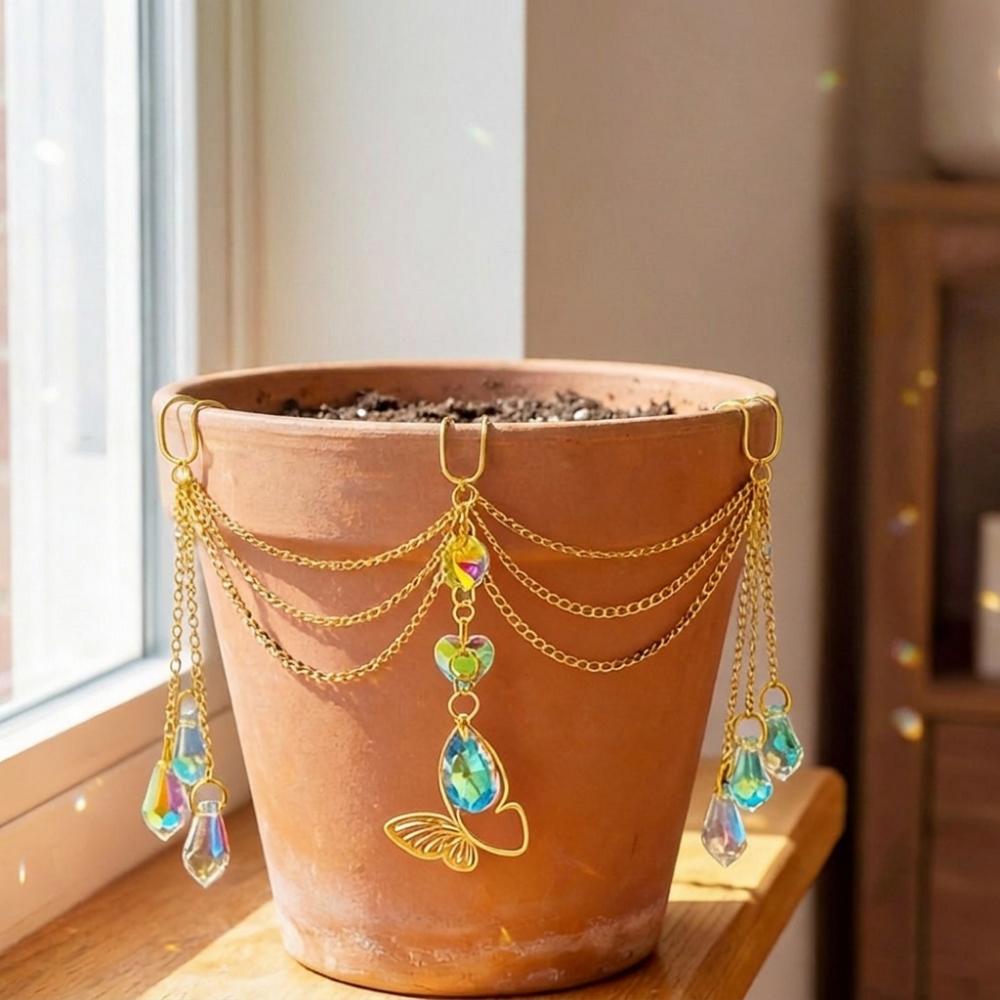 Reflective Flower Pot Crystal Sun Catcher Butterfly Design Hanging Pot Crystal Bonsai