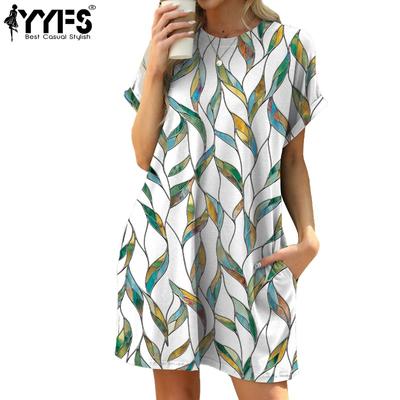 Женская мода лето весна цветочный узор принт короткий рукав О-образный вырез свободная талия повседневные платья