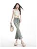 Ge Dijie Women's Slim Fit Elastic High Waisted Micro Flared Jeans with Slit and Bead Stitching