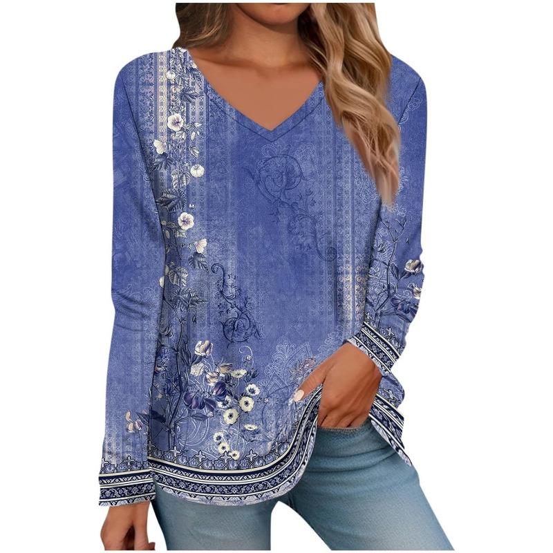 Womens Long Sleeve Tops V Neck Shirts Casual 3D Flower Print Basic Trendy Tee Blouses Fall Tunic Outfits Fitted T Shirts