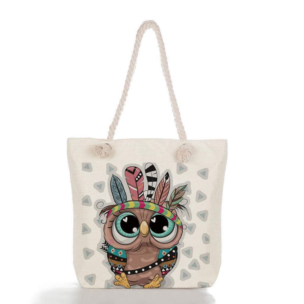 Cute owl print thick rope single-shoulder beach bag 7288 CLE
