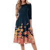 Women's Casual Fashion Round Neck Three-quarter Sleeve Floral Print Midi Dress