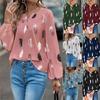 New European And American Women's V-neck Feather Print Long-sleeved Loose T-shirt Large Size Casual All-match Top