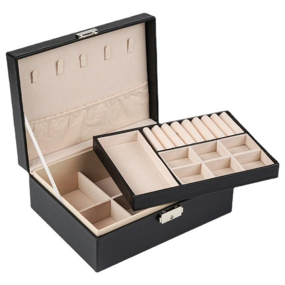 PU Leather Double-layer Jewelry Box with Lock Necklace Earring Box Leather Jewelry Organizer Women