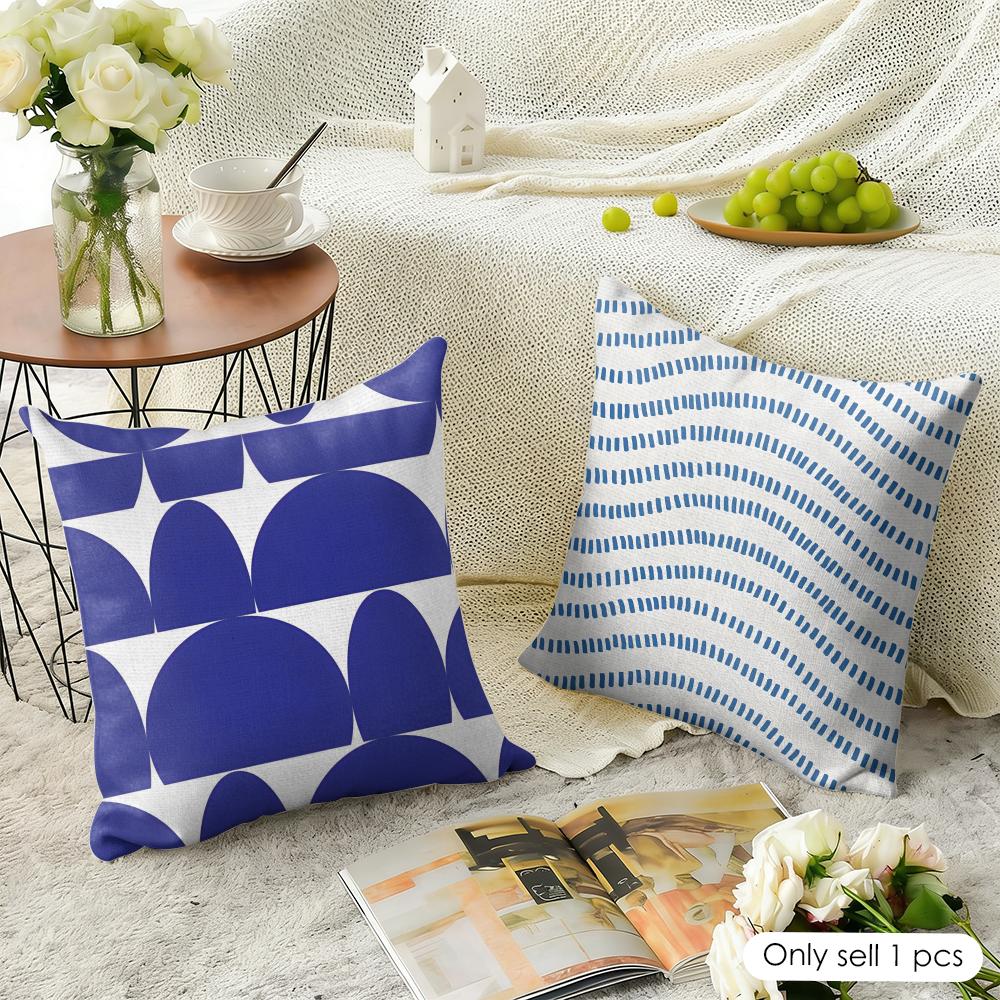 Nordic Style Geometric Blue Pattern Cushion Cover Natural Linen Organic Fabric Printing Breathable Perfect For Home Decor