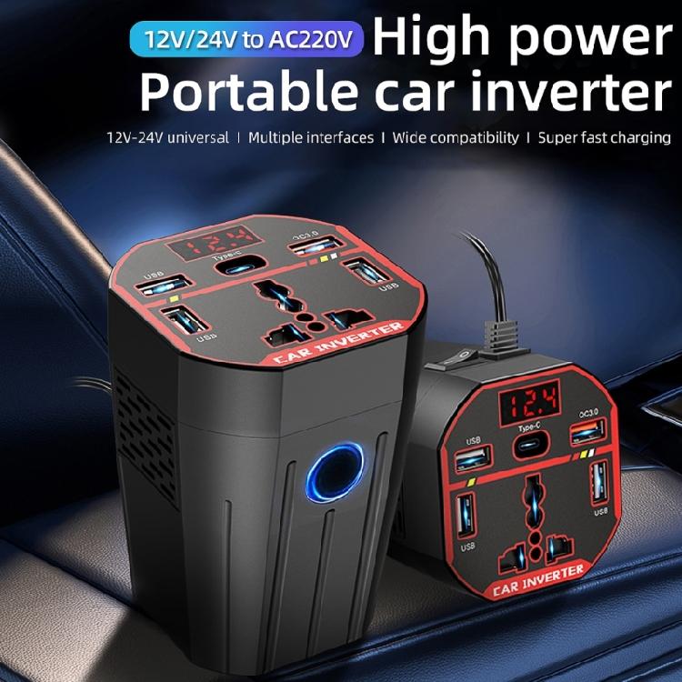Универсальный автомобильный инвертор 200 Вт с 2 портами USB Type C, DC12V 24V в AC220V, адаптер-прикуриватель для поездок