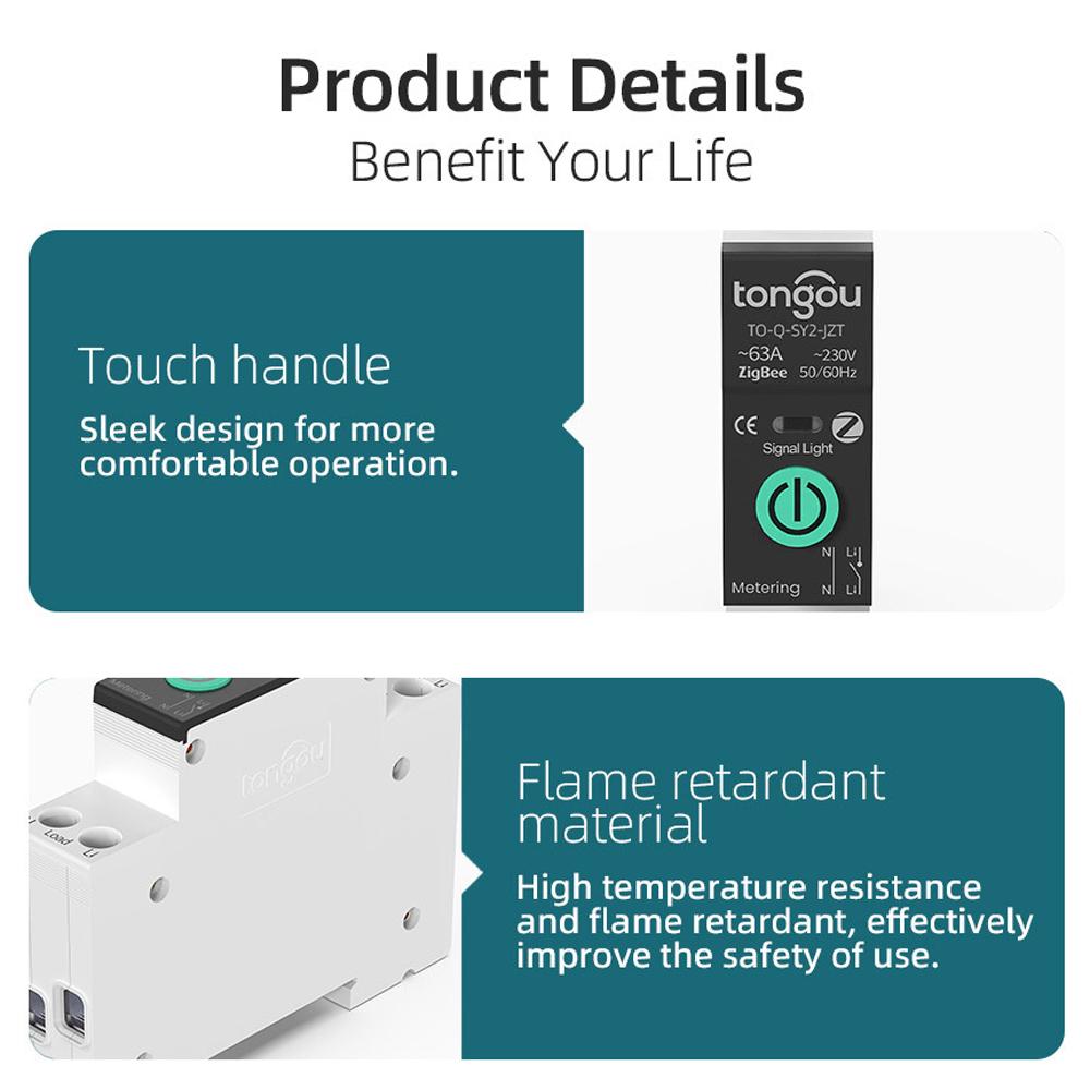 Интеллектуальный автоматический выключатель TONGOU Tuya ZigBee с измерением, 1P, 63A, поддержка DIN-рейки, 3 режима синхронизации