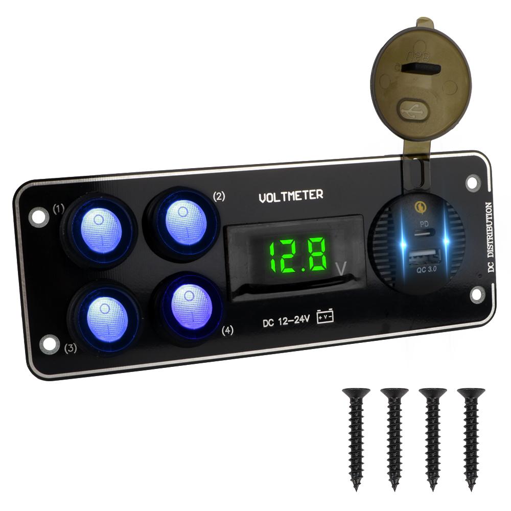 QC3.0 Car Push Button Toggle Switch Panel 12-24V For Car RV Truck ATV UTV Camper Caravan PD Voltmeter 4 Gang Switch Panel