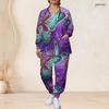 Women Plus Size V Neck Long Sleeve Butterfly Printed Navy Blue Scrub Set With Pockets Two Piece