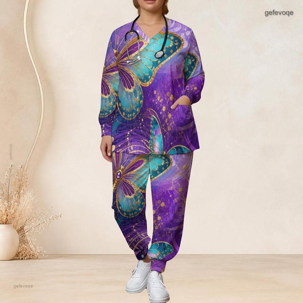 Women Plus Size V Neck Long Sleeve Butterfly Printed Navy Blue Scrub Set With Pockets Two Piece