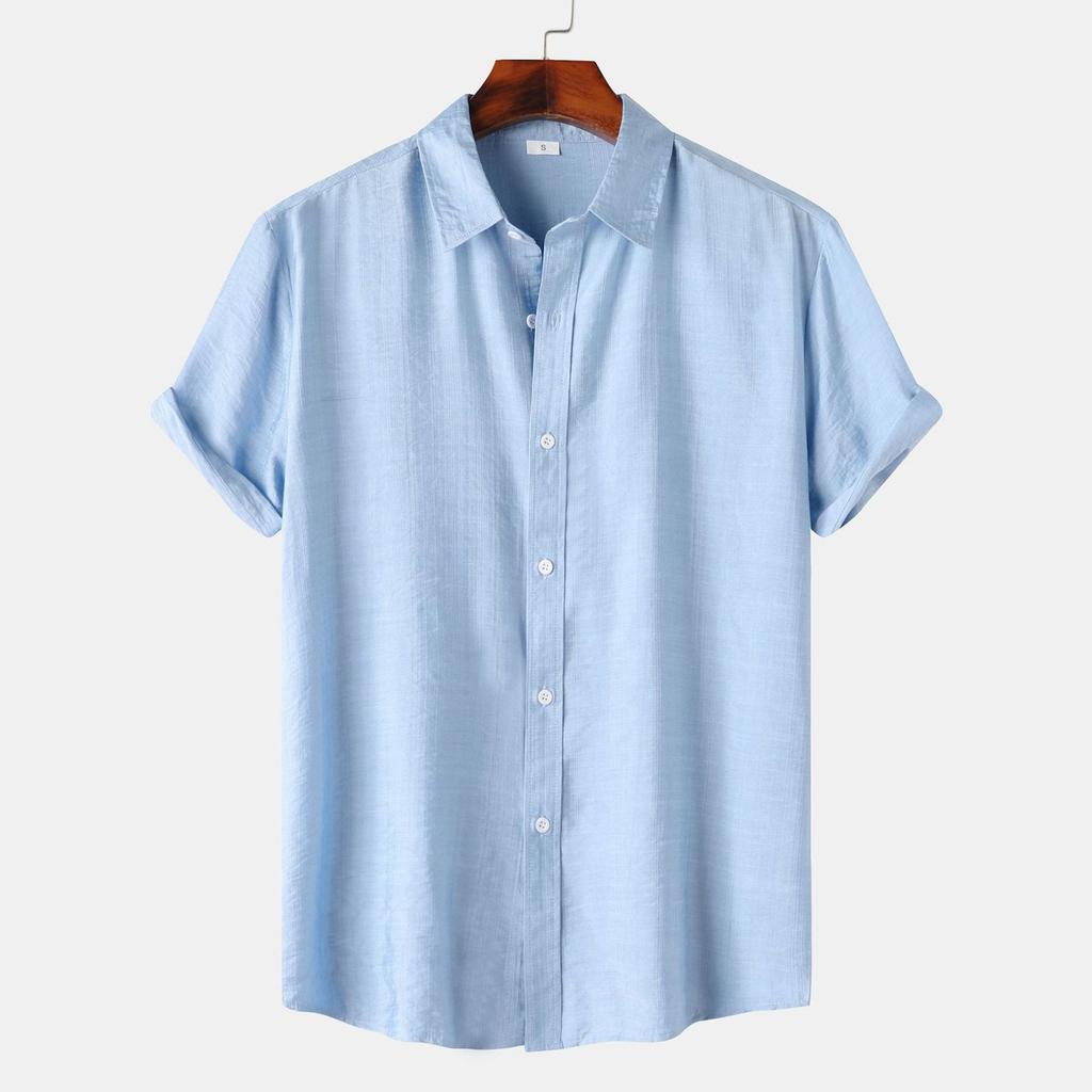 Мужская повседневная однобортная однобортная рубашка с короткими рукавами и однотонным воротником