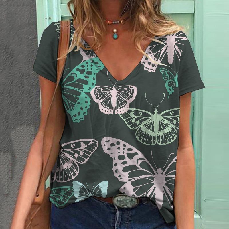 Летняя женская рубашка с V-образным вырезом и принтом в виде бабочки, свободная повседневная рубашка с короткими рукавами, футболки женские