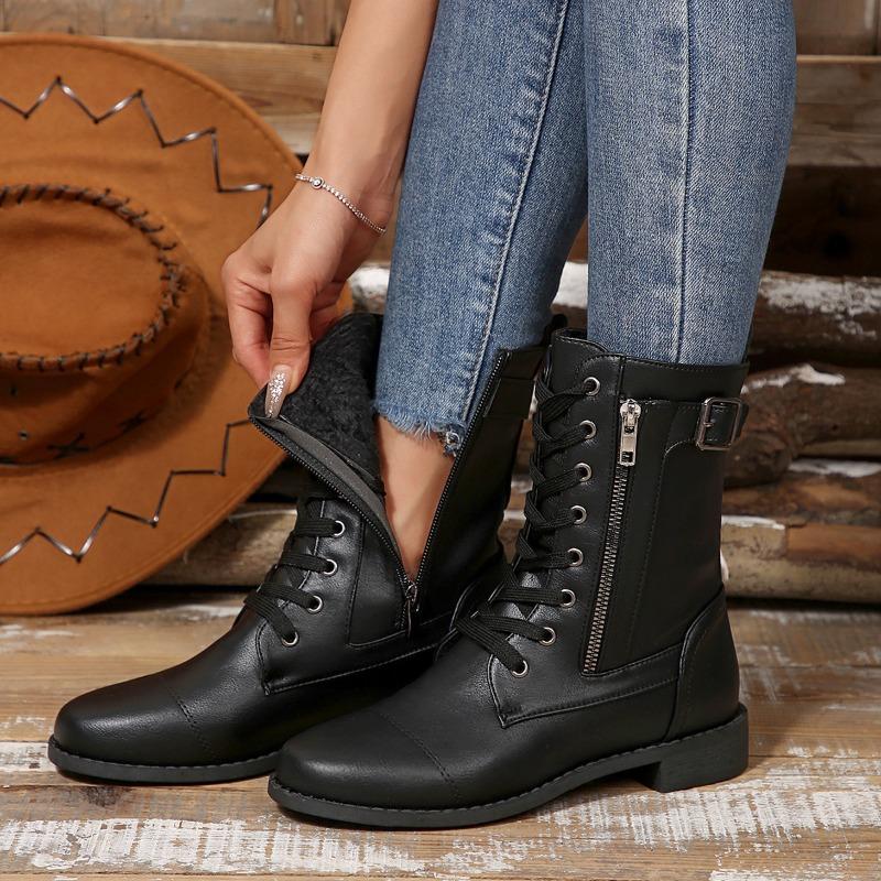 Fashion Women's Ankle Booties High Quality Casual Leather Boots Fashionable High Top Cotton Boots for Women Lace Up Platform Boots Botas