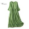 Summer Spring Women Dress Half Sleeves V Neck A-line Loose Hem Solid Color Button Decor Double Layers Pleated Mid-calf Length Midi Dress