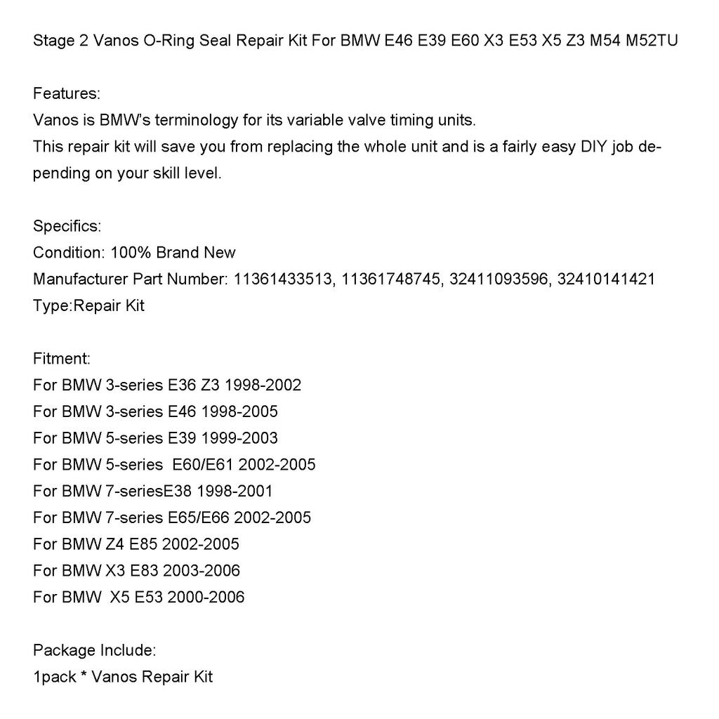 Комплект для ремонта уплотнительных колец Vanos 2-го этапа для BMW E46 E39 E60 X3 E53 X5 Z3 M54 M52TU