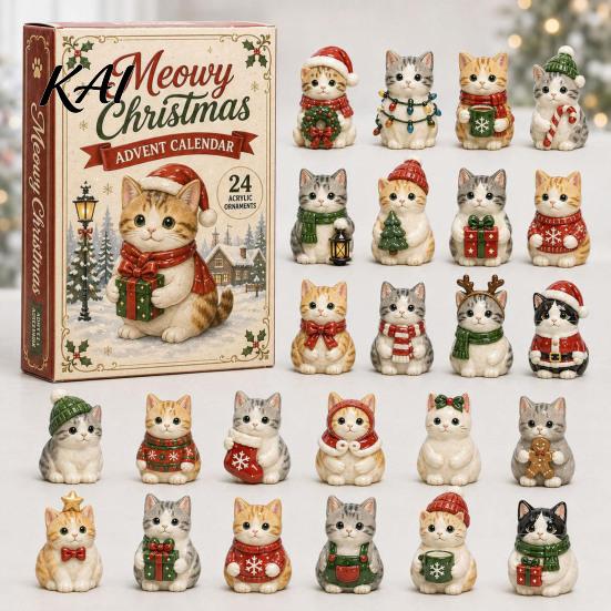 Decorative Christmas Accents Cat Advent Calendar, 24 Day Countdown with Cute Ornaments, Calendar 2D Acrylic Kitty Holiday Decorations, Gift for