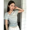 Spice Girl Slant Shoulder Short Sleeve Slim Shoulder T-Shirt Versatile Niche Folds Pure Desire Sexy Unique Top ins