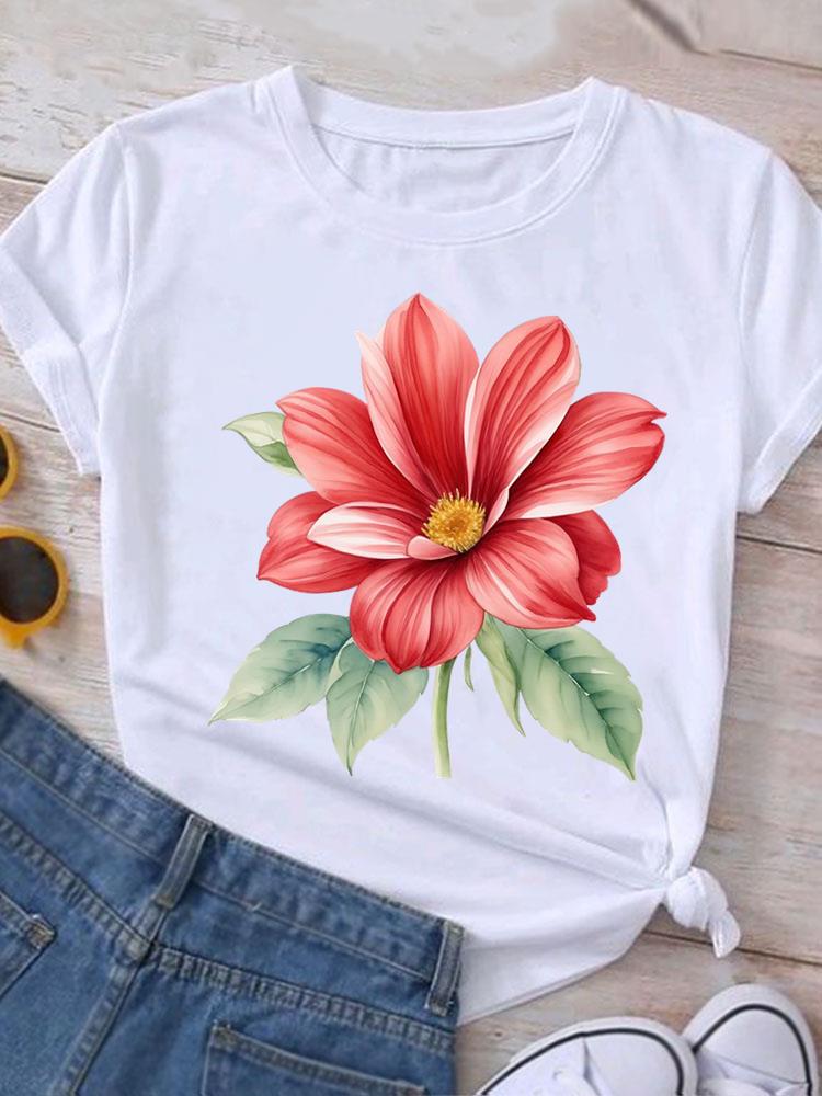 (Asian Size) Love Heart Flower Cute Casual O-neck Tee Clothing Top Short Sleeve T Shirt Fashion Print Lady Female Women Graphic T-shirts