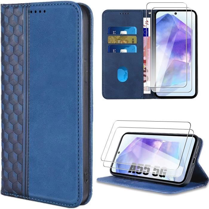 Coque de protection - BOOLING - pour Samsung Galaxy A55 5G - Bleu Marine - Effet Cuir Mosaïque - Porte-Cartes