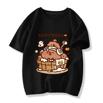 Детская одежда Каваий Мультяшный Принт Капибары Футболка с коротким рукавом Милая Капибара Мальчик и Девочка 100% хлопок Модные топы Футболка