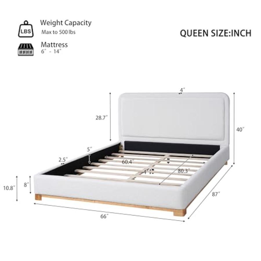 Кровать с каркасом из букле размера Queen-size с изогнутым изголовьем, Белая платформа-кровать «Облако» с обивкой, Основание из массива дерева, Мягкие закругленные углы