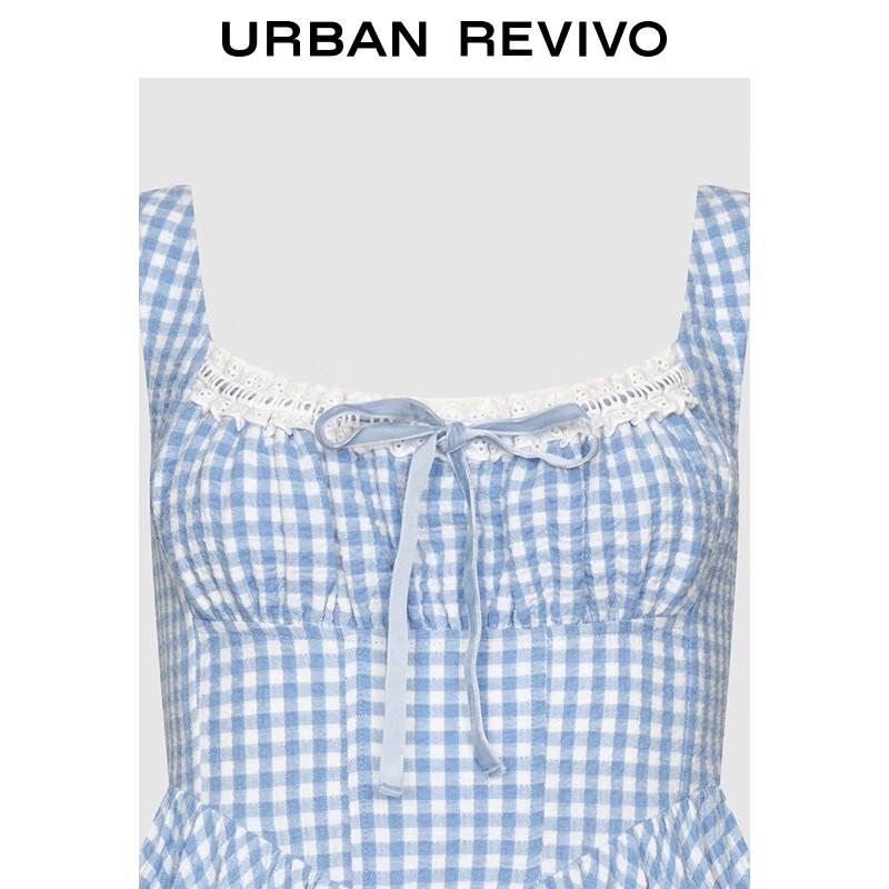 Летнее мини-платье UR 2025 с кружевом, клеткой гингем и сборками